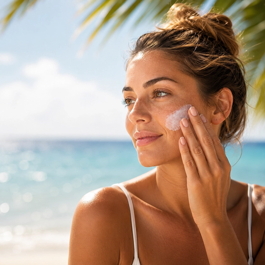 woman at the beach applying lotion on her face