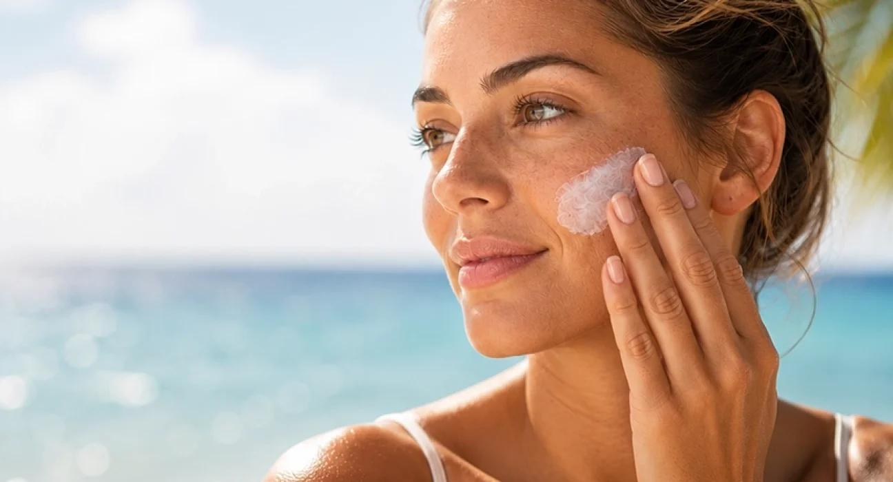 woman at the beach applying lotion on her face